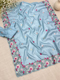 Beautiful Embroidery Tussar Silk Saree With Unstich Blouse