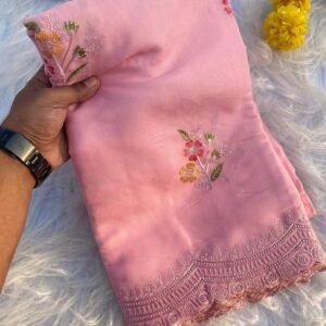 Tussar Embroidery Cotton Candy Saree With Scalloped Borders